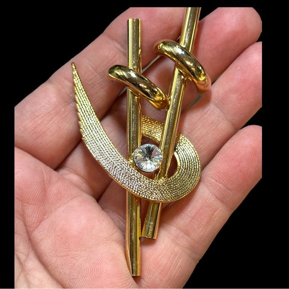 💋 4 FOR $50 / Vintage Abstract Design Goldtone Rhinestone Brooch - Picture 6 of 10